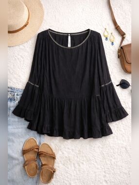 George Black Boho Peasant Top XXL | Flowy Rayon Blouse